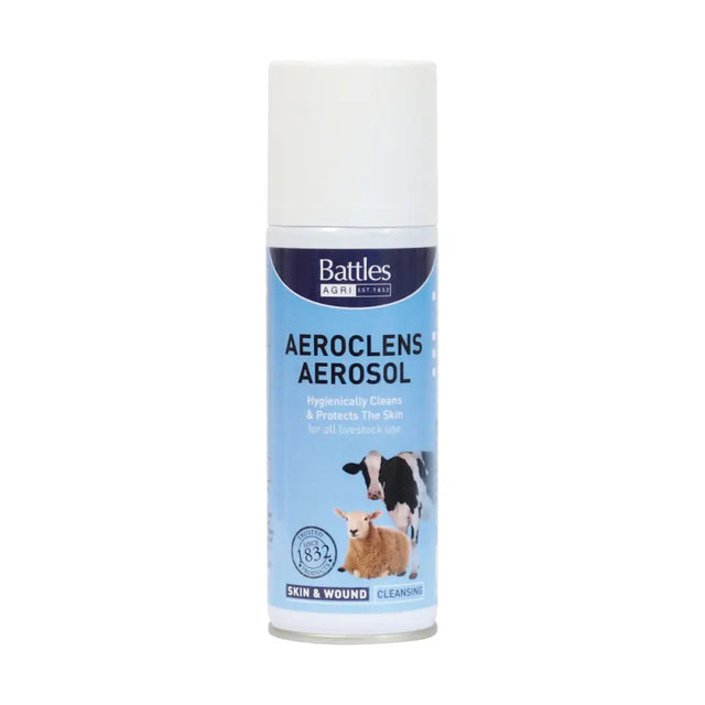 White battles aeroclens aerosol can with light blue label showing cows and sheep veterinary antibacterial aerosol for fly strike
