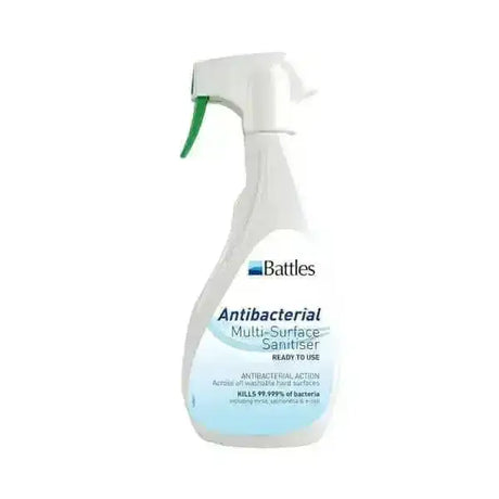 White plastic spray bottle with green trigger labeled battles antibacterial multi-surface for periodic deep sanitising washable hard surfaces