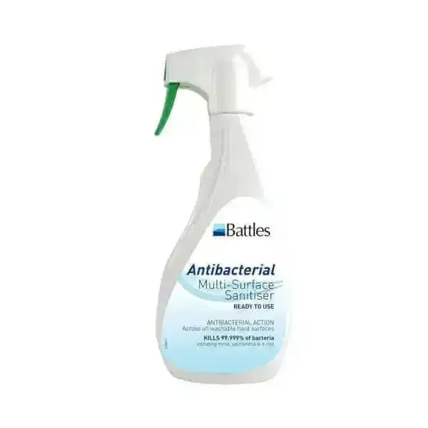 White plastic spray bottle with green trigger labeled battles antibacterial multi-surface for periodic deep sanitising washable hard surfaces