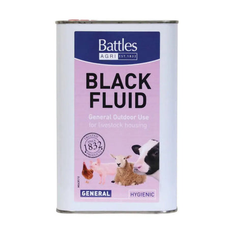 A white metal canister of battles black fluid with a pink and blue label for animal housing hygiene use