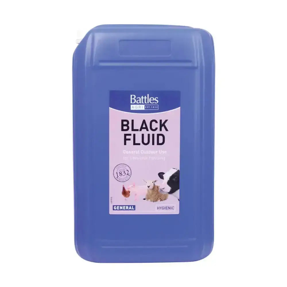 Blue plastic container of battles black fluid a water miscible black fluid for general animal housing hygiene cleaning