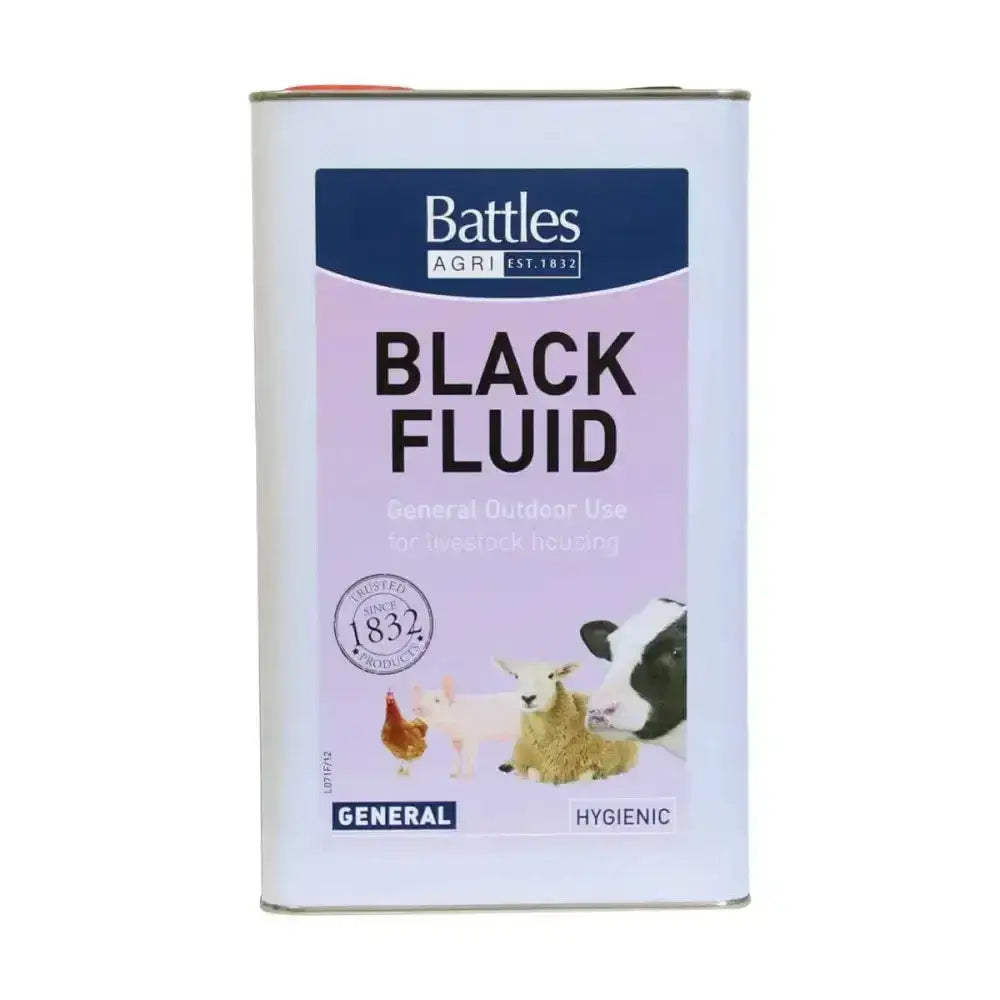 A white metal canister of battles black fluid with pink navy label showing farm animals for animal housing hygiene
