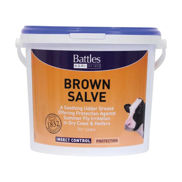 White plastic bucket with blue lid and orange battles brown salve label featuring fell dales recipe and quality pine tar