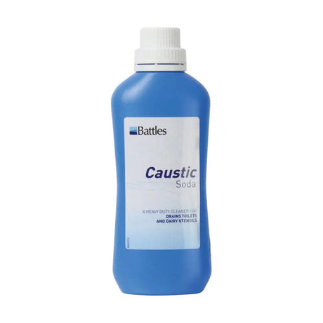 Blue plastic bottle of battles caustic soda heavy-duty cleaner for cleaning lavatories drains and animal husbandry use