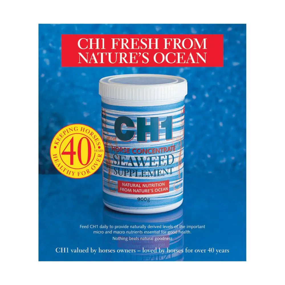 Battles ch1 seaweed supplement container with blue and white striped label white lid 900g horse hoof supplements