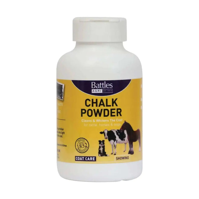 White plastic bottle of battles chalk powder with yellow label showing horses and cows to enhance white areas for showing and plaiting