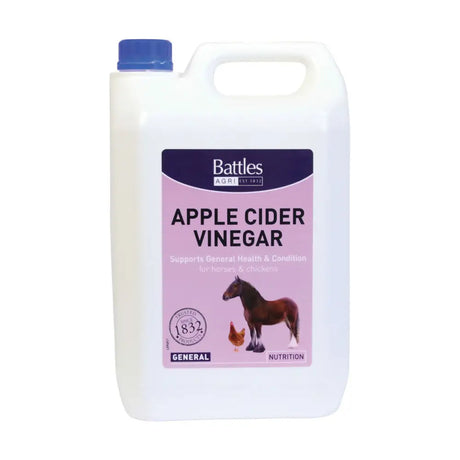 White plastic jug with blue cap and pink label showing a horse for battles cider vinegar traditional nutritional additive and pet vitamins