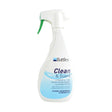 White plastic spray bottle with green trigger labeled battles clean and guard featuring microbiostatic action for animal husbandry