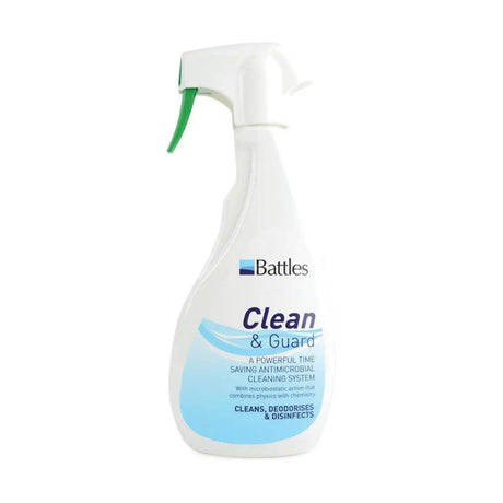 White plastic spray bottle with green trigger labeled battles clean and guard featuring microbiostatic action for animal husbandry