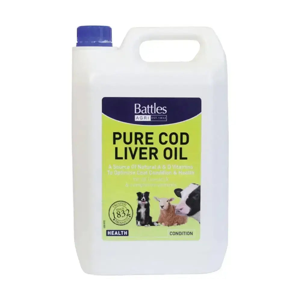 White plastic jug with blue cap and lime green battles agri label containing stabilised blend cod liver oil for animal health