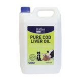 White plastic jug with blue cap and lime green battles agri label containing stabilised blend cod liver oil for animal health