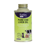 A metallic can of battles cod liver oil with a lime green label featuring farm animals a stabilised blend and valuable nutritional source