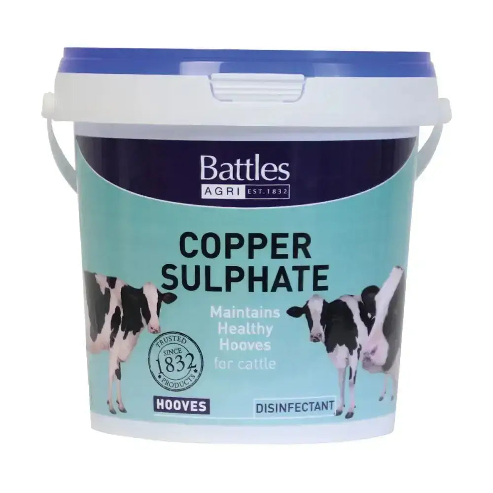 A battles copper sulphate bucket with white body, blue lid, and cow illustrations for animal husbandry use