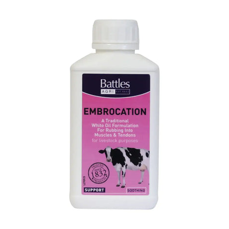 White plastic bottle of battles embrocation traditional white oil embrocation for livestock muscle and tendon care