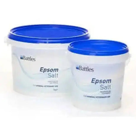 Two translucent white plastic buckets with blue lids labeled battles epsom salt for horse care use