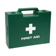 Green plastic battles first aid carrying case with white cross and first aid text, supplied empty for veterinary items