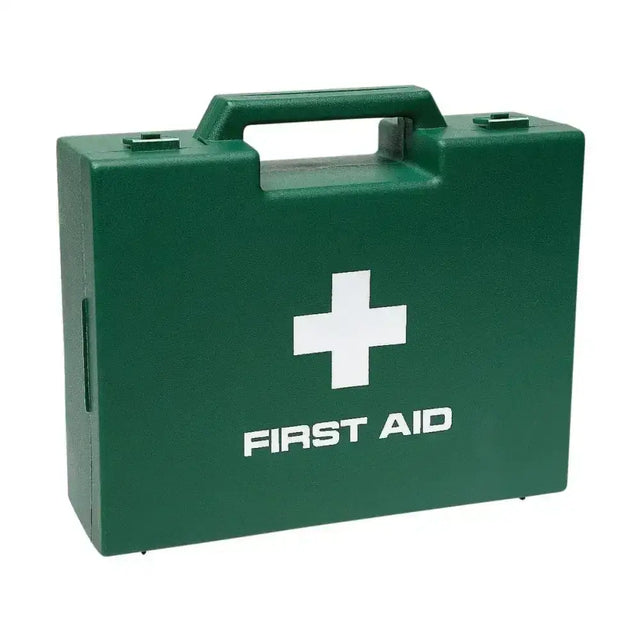 Green plastic battles first aid carrying case with white cross and first aid text, supplied empty for veterinary items