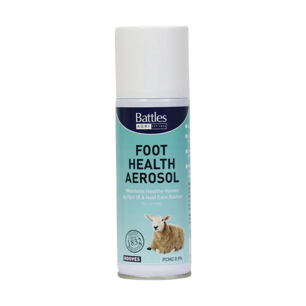 Battles foot health aerosol in light teal spray can with sheep image maintains foot health for livestock care