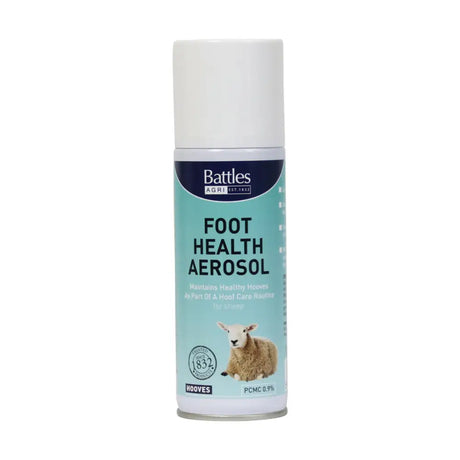 Battles foot health aerosol in light teal spray can with sheep image maintains foot health for livestock care