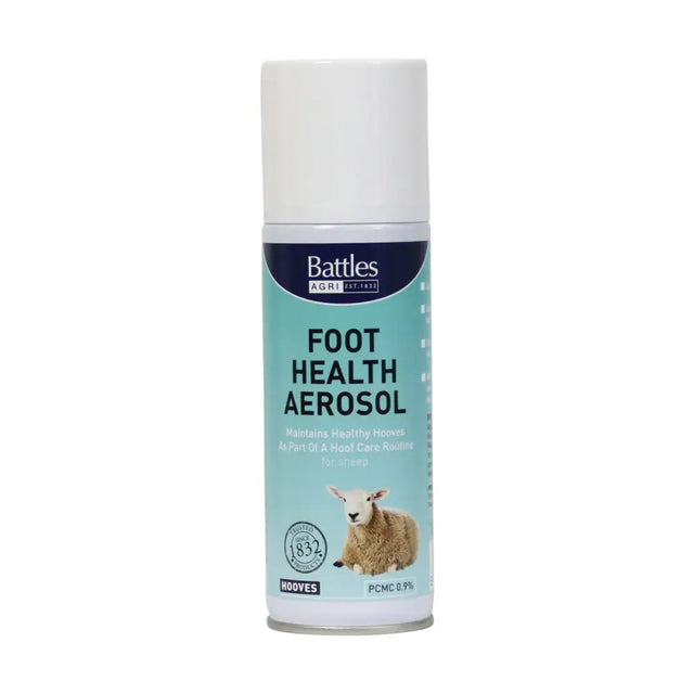Battles foot health aerosol in light teal spray can with sheep image maintains foot health for livestock care