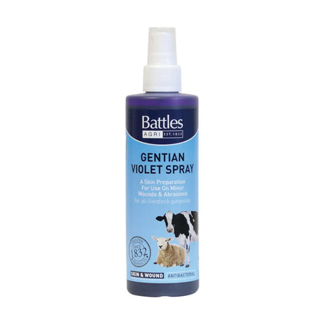 Purple battles gentian violet spray bottle with white nozzle for skin and wound preparation using gentian violet spray