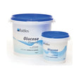 White plastic buckets with blue lids and labels of battles glucose powder for energy deficiency support