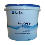 White plastic bucket with blue lid of battles glucose powder dextrose monohydrate for energy deficiency 3kg