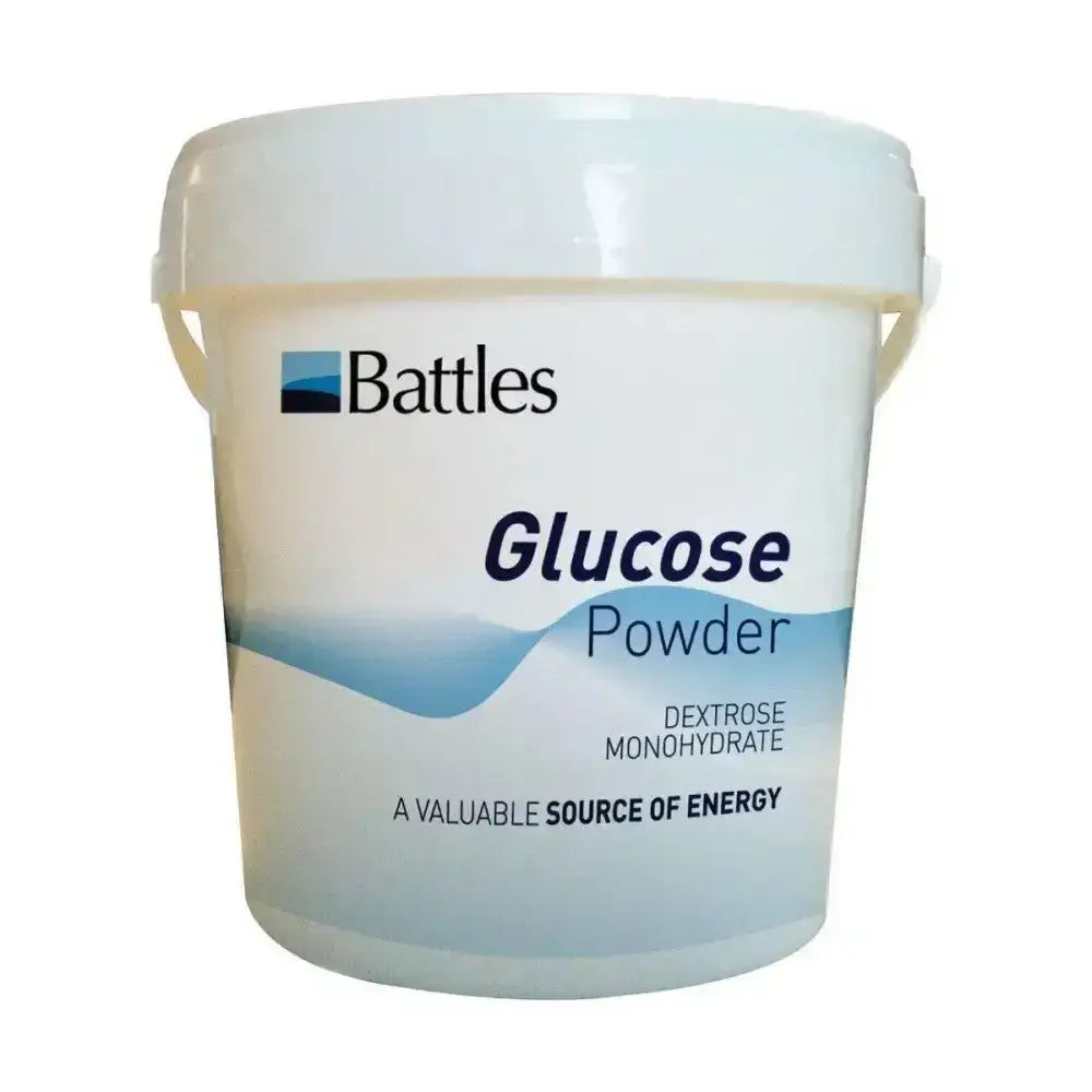 White plastic bucket with handle labeled battles glucose powder containing glucose powder for energy deficiency