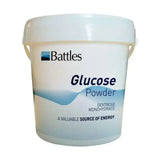 White plastic bucket with handle labeled battles glucose powder containing glucose powder for energy deficiency