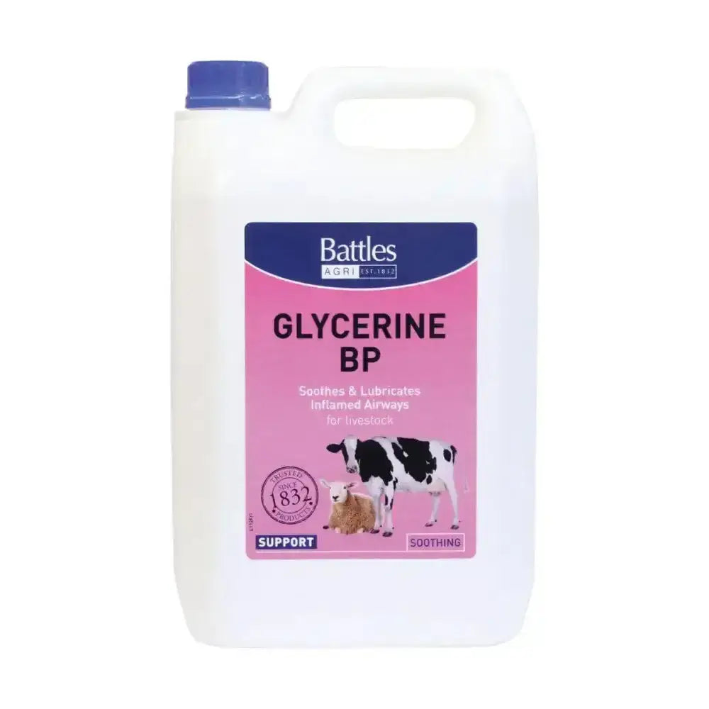 White plastic jug with blue cap and pink label battles glycerine bp soothes and lubricates inflamed airways for livestock