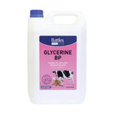 White plastic jug with blue cap and pink label battles glycerine bp soothes and lubricates inflamed airways for livestock