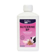 White plastic bottle of battles glycerine bp with pink label that soothes and lubricates inflamed airways in livestock