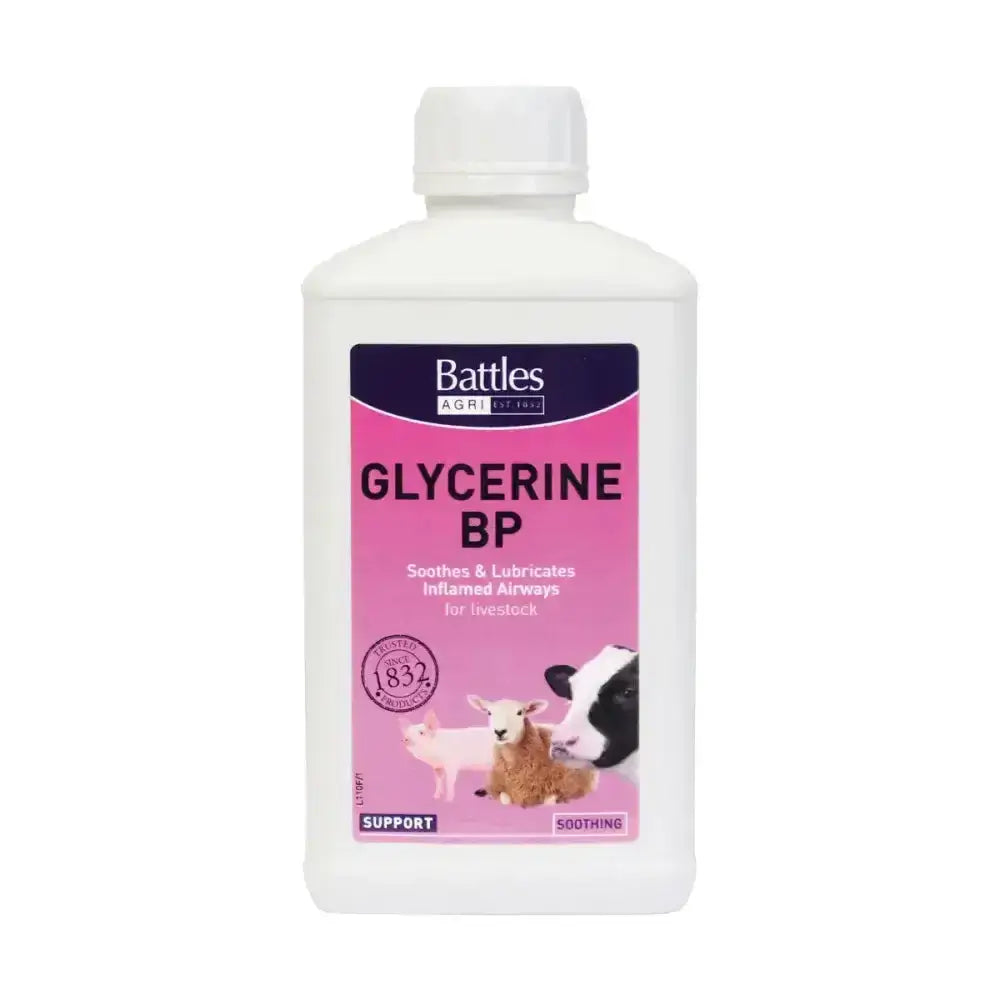 White plastic bottle of battles glycerine bp with pink label that soothes and lubricates inflamed airways in livestock