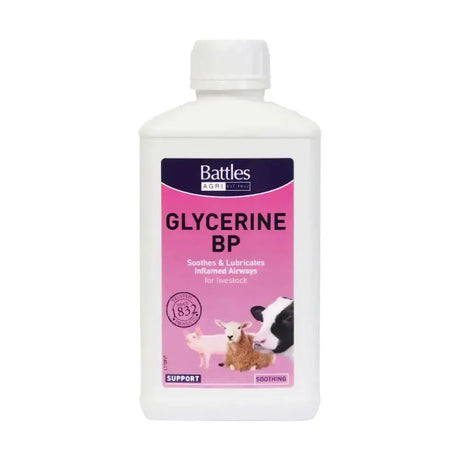White plastic bottle of battles glycerine bp with pink label that soothes and lubricates inflamed airways in livestock