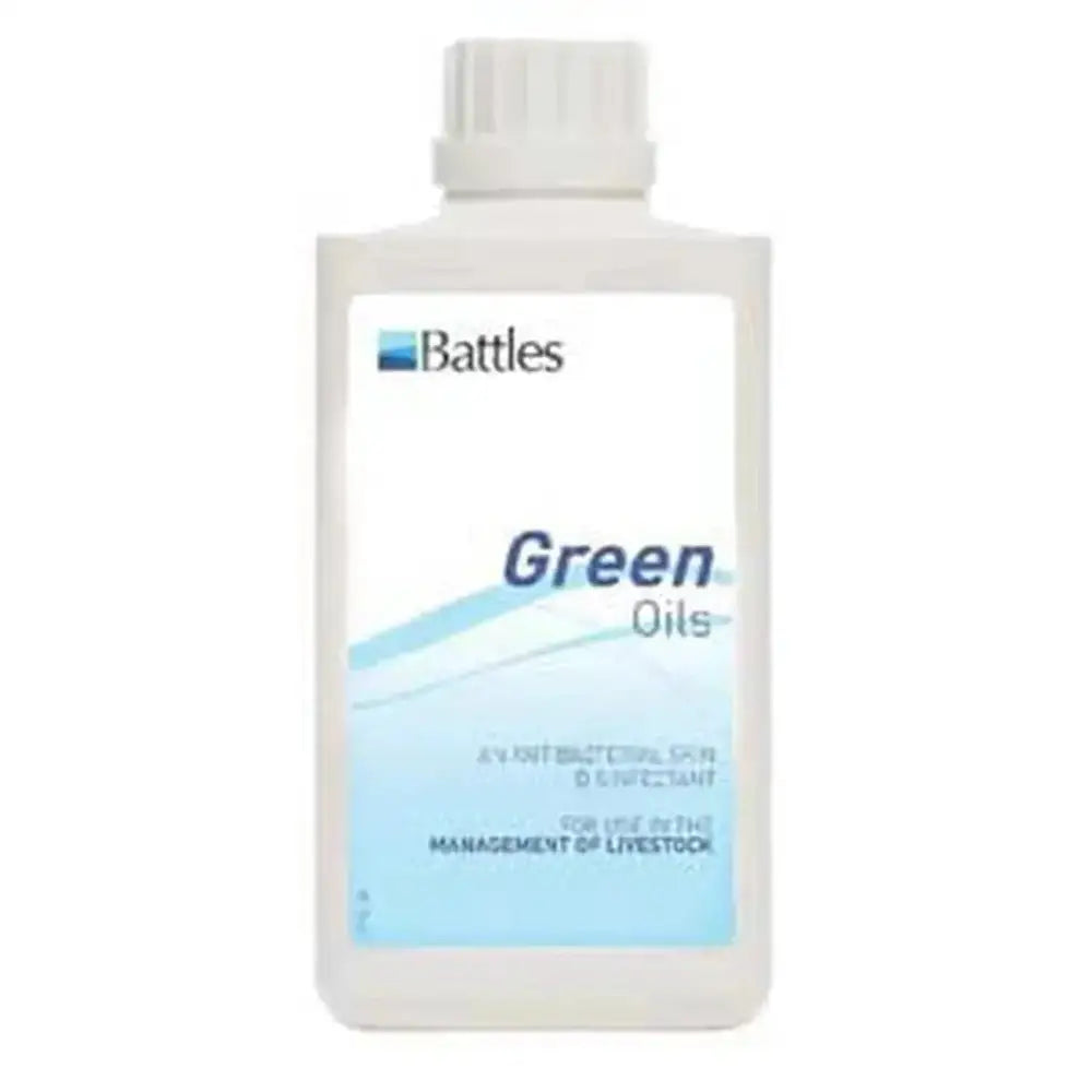 White plastic bottle of battles green oils antibacterial skin disinfectant for traditional skin dressing in horse grooming