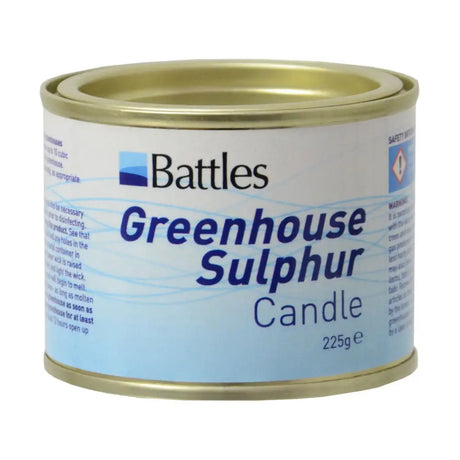 A metal canister with light blue and white label and gold lid containing battles greenhouse sulphur candles for eliminating troublesome pests