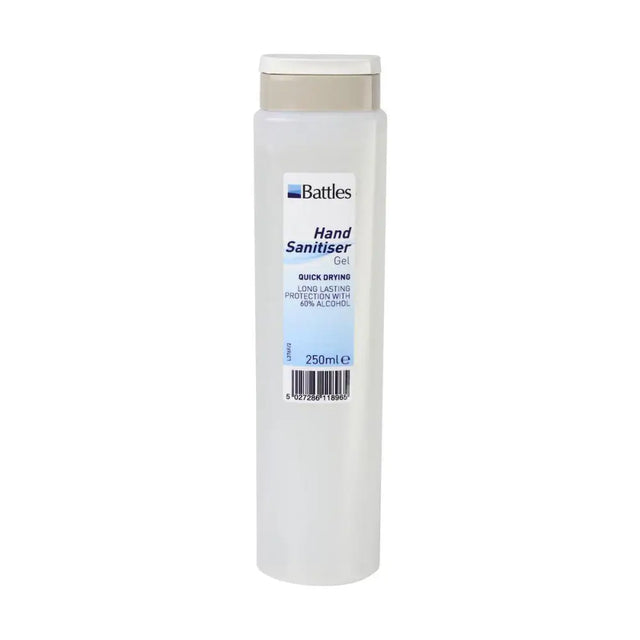 A transparent battles hand sanitiser gel bottle with beige cap and alcohol based quick drying sanitiser formula 250ml