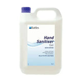 White plastic jug with purple cap of battles hand sanitiser gel 5l quick drying sanitiser with alcohol based formula