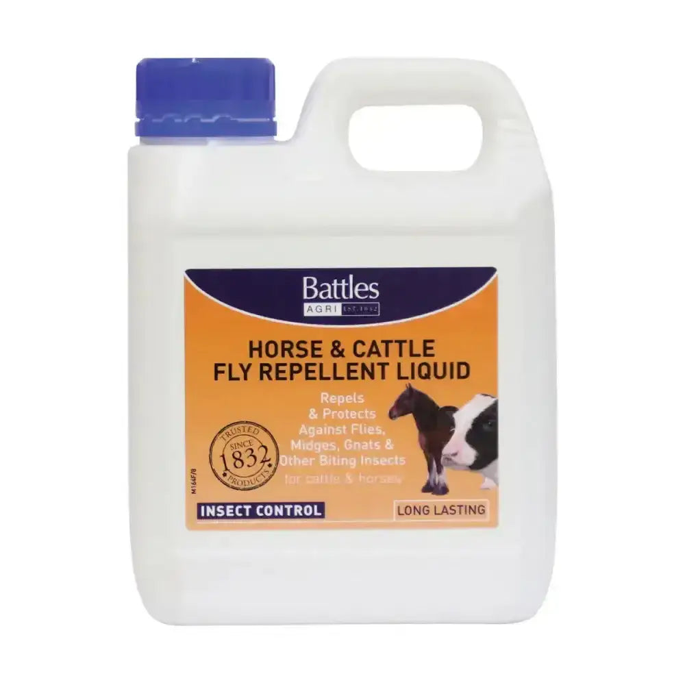 White plastic jug with blue cap and orange battles agri label horse and cattle fly repellent liquid effective fly repellent