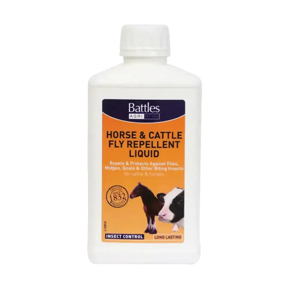 White plastic bottle of battles horse & cattle effective fly repellent liquid with orange navy label and horse cow images
