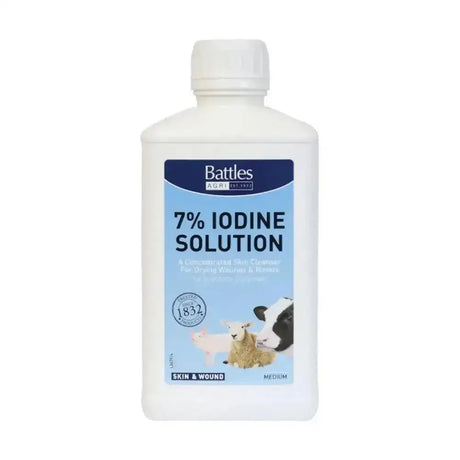 White plastic bottle of battles iodine solution 7 percent with blue farm animal label for skin and wound care