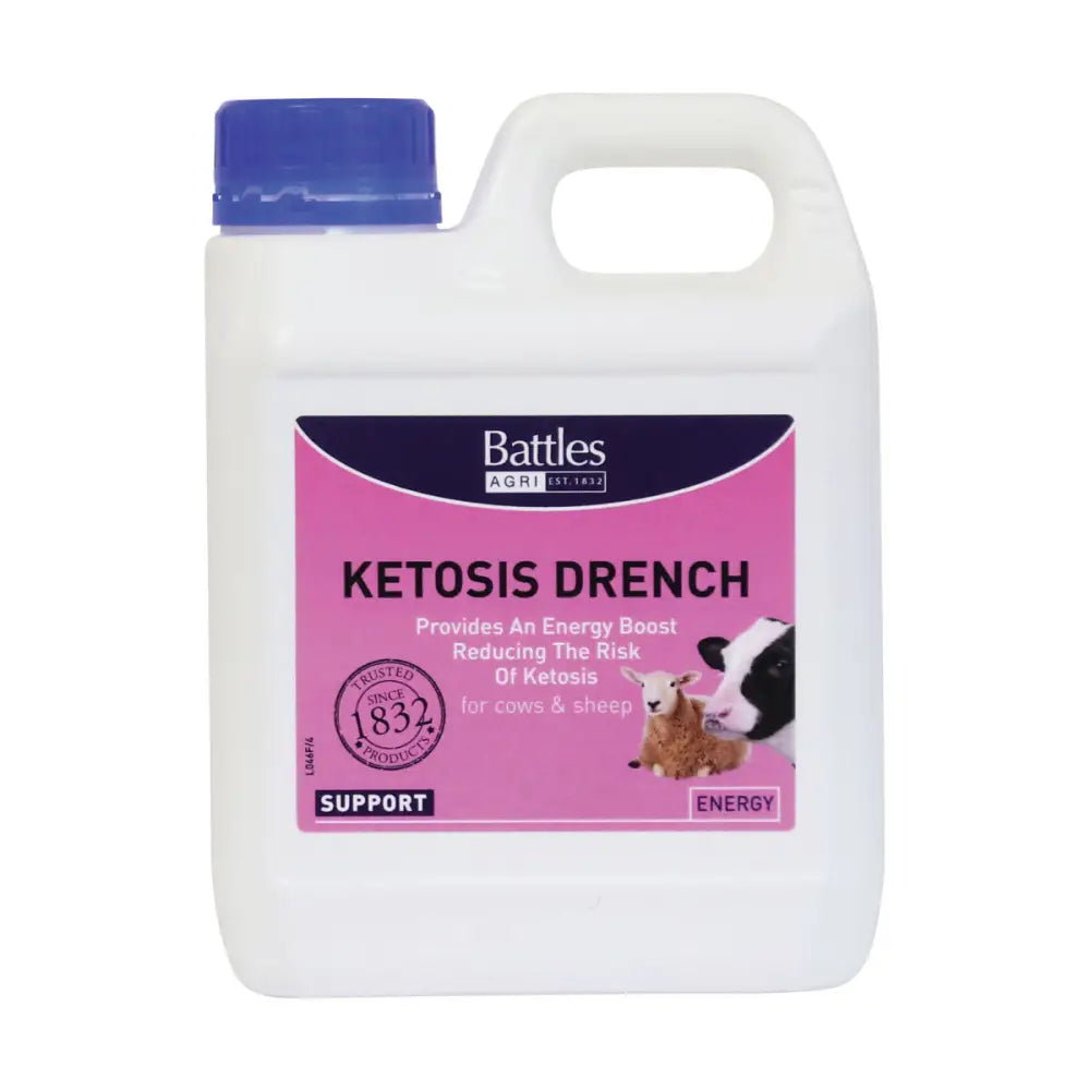 White plastic jug with blue cap and pink battles agri label for battles ketosis drench treating bovine ketosis and pregnancy toxaemia
