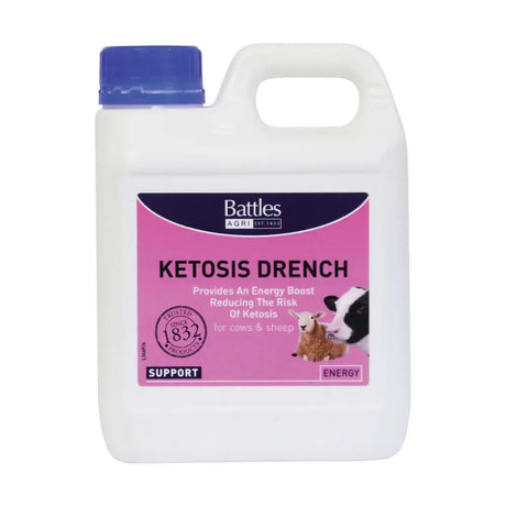 White plastic jug with blue cap and pink battles agri label for battles ketosis drench treating bovine ketosis and pregnancy toxaemia