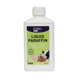 White plastic bottle of battles liquid paraffin with green label showing farm animals and gentle text for horse care