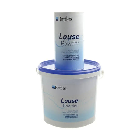 Battles louse powder in a white and blue cylindrical container with a matching lid ready-to-use insecticidal powder
