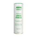 White cylindrical container of battles louse powder natural insect repellent for biting lice on cattle horses goats and pets