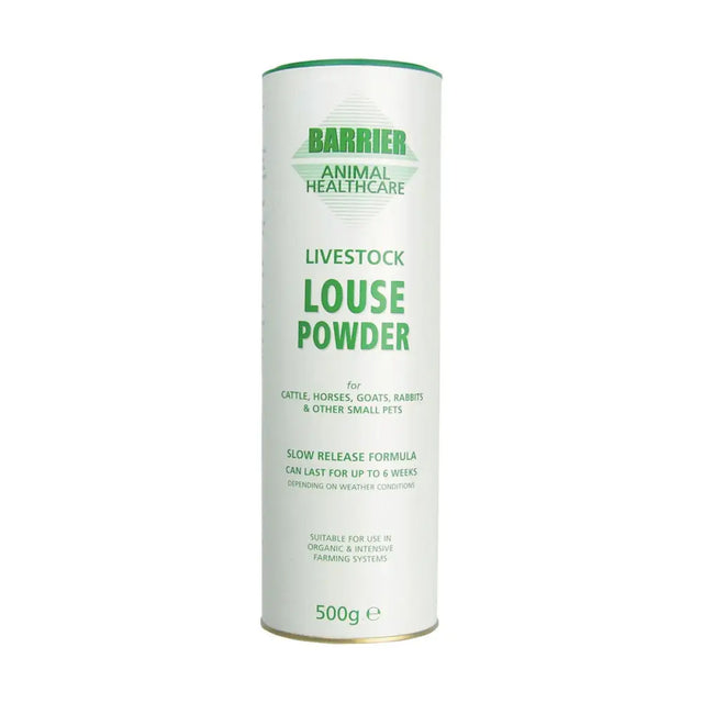 White cylindrical container of battles louse powder natural insect repellent for biting lice on cattle horses goats and pets