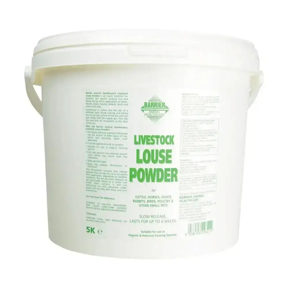 White plastic bucket of battles louse powder by barrier animal health with green text and red sale sticker for biting lice