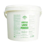 White plastic bucket of battles louse powder by barrier animal health with green text and red sale sticker for biting lice