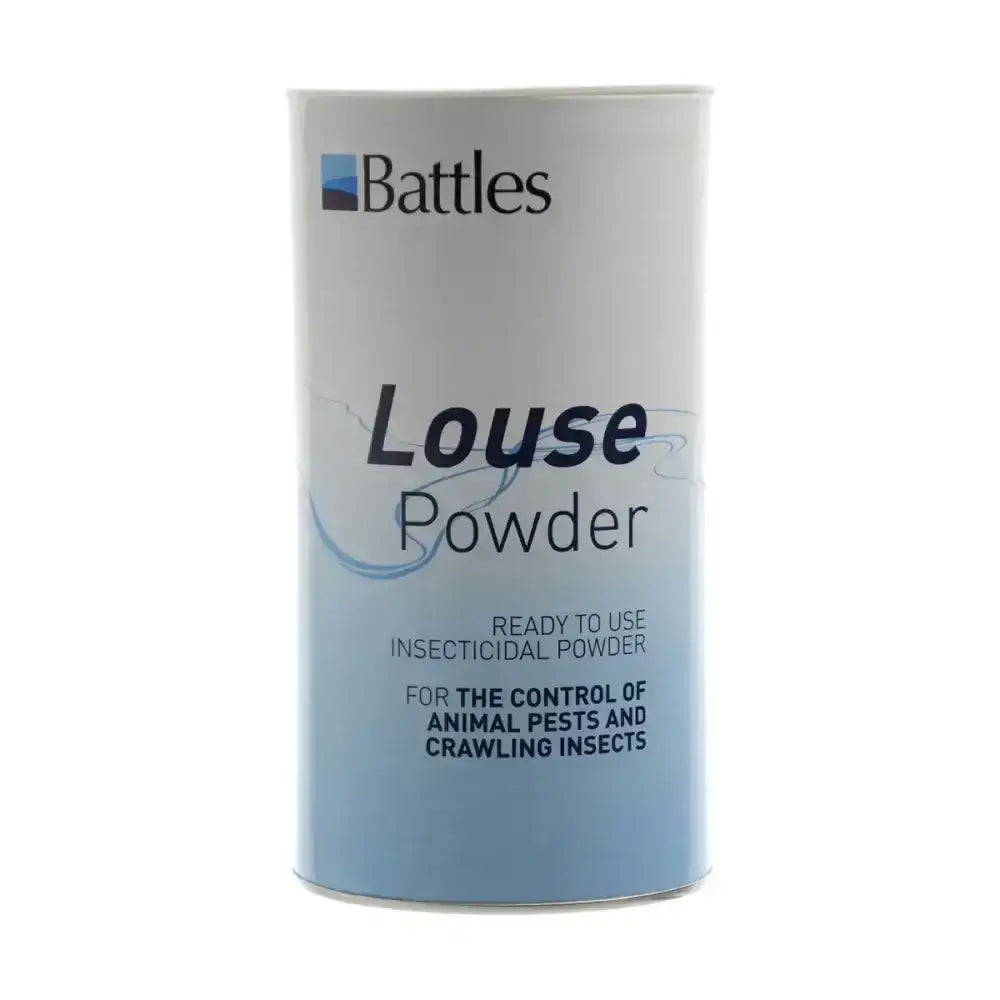 Battles louse powder ready-to-use insecticidal powder in a white and light blue cylindrical container with black text label